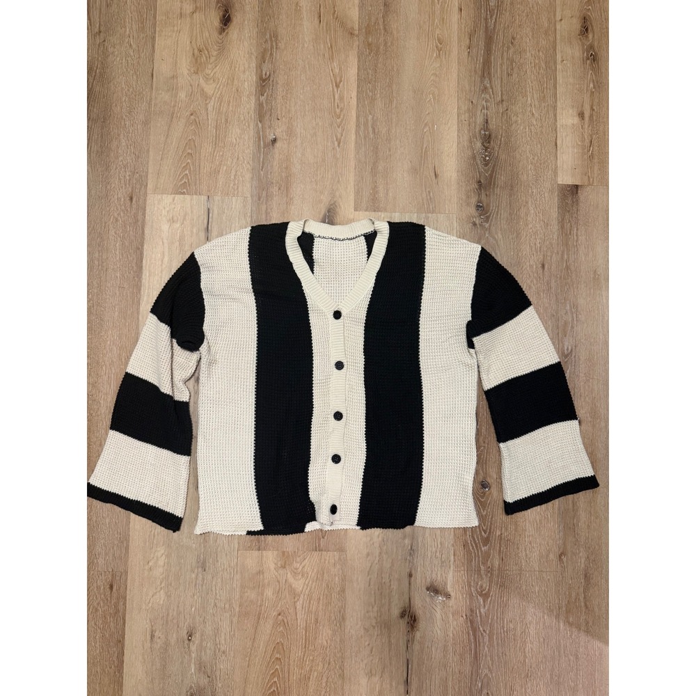 2x Black & Cream Striped Chunky Knit Button Front Cardigan Sweater